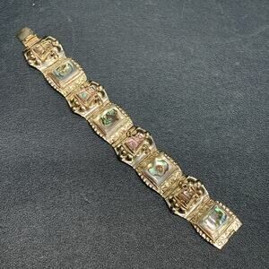 Vintage Artisan Bracelet Sterling Silver & Silver Plate Abalone Aztec Stamped